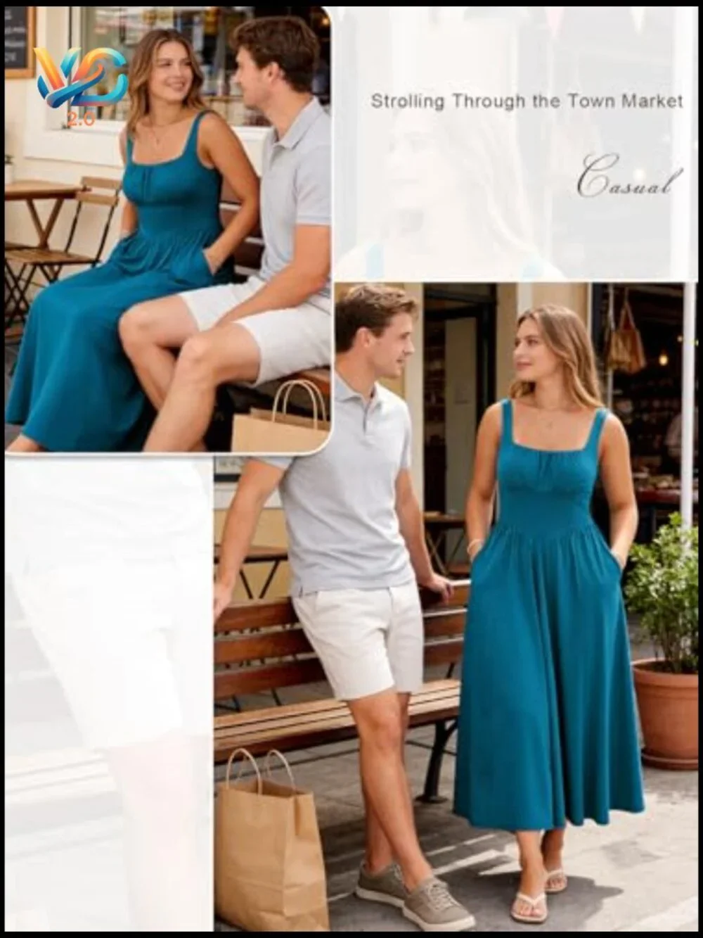 Womens Sleeveless Square Neck Midi Dress with Pockets A-Line Sundress - Picture 6 of 7